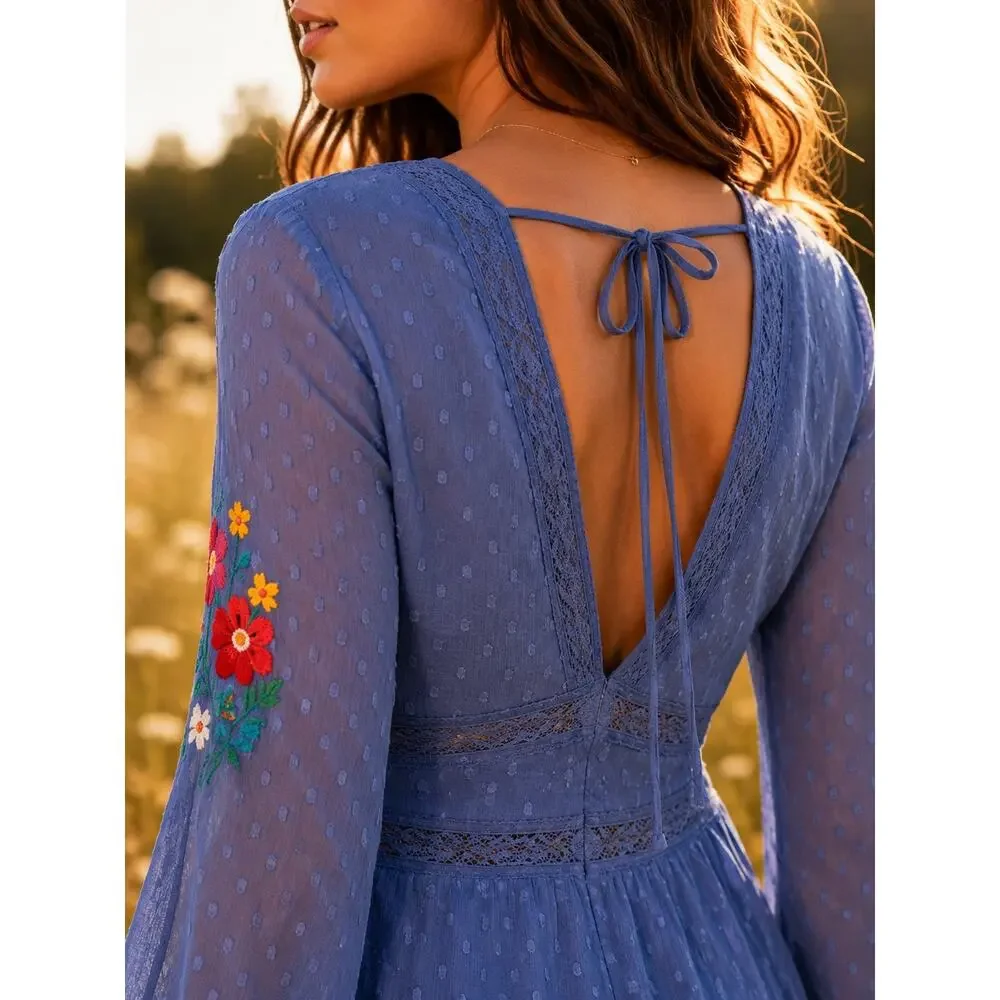 ASOS DESIGN Embroidered Floral Mini Dress 10 Blue Swiss Dot Cottagecore Boho NWT - Picture 3 of 14